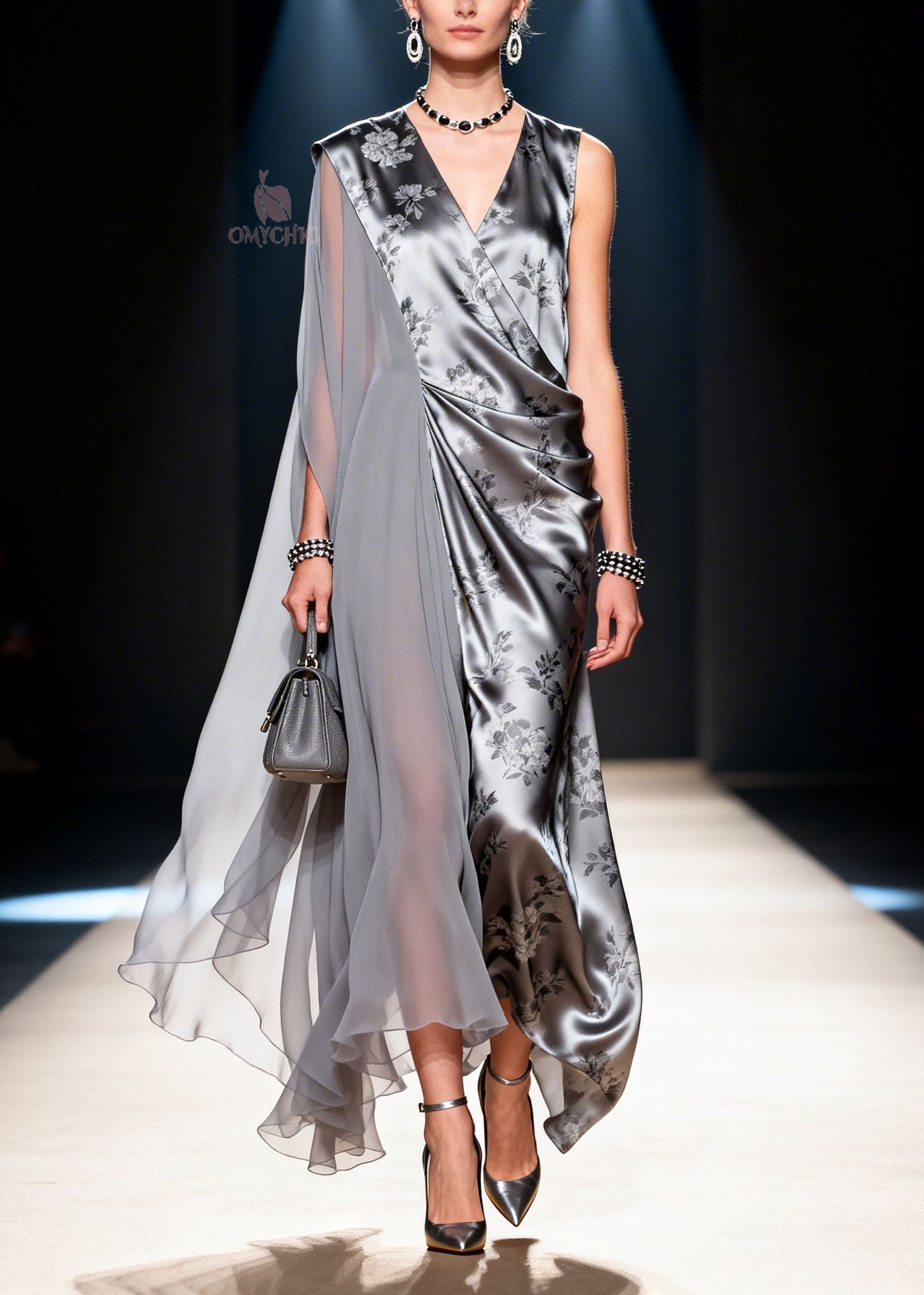 Floral Print Satin Deep V-Neck Draped Chiffon Panel Sleeveless Wrap Maxi Gown