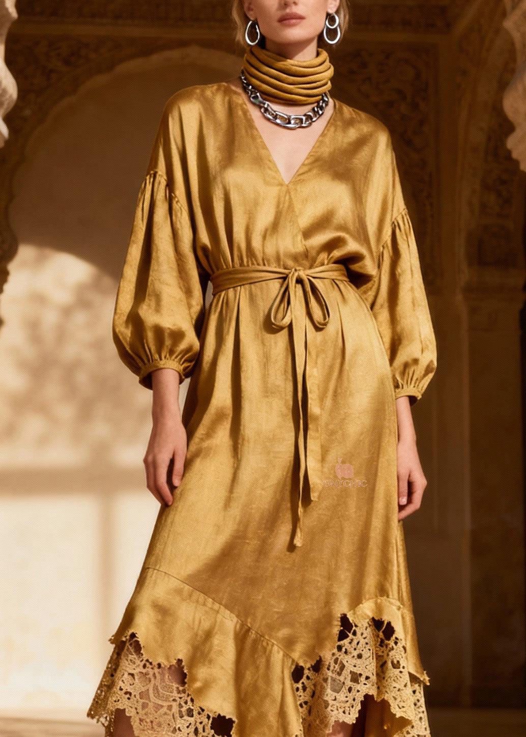 Satin Wrap V-Neck Balloon Sleeve Crochet Lace Asymmetric Hem Midi Dress