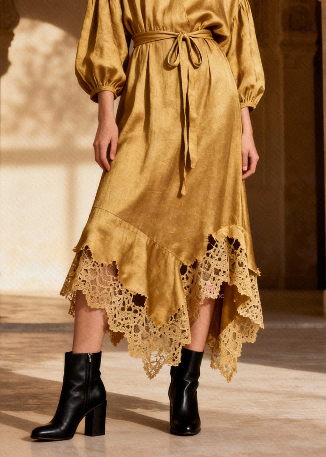 Satin Wrap V-Neck Balloon Sleeve Crochet Lace Asymmetric Hem Midi Dress
