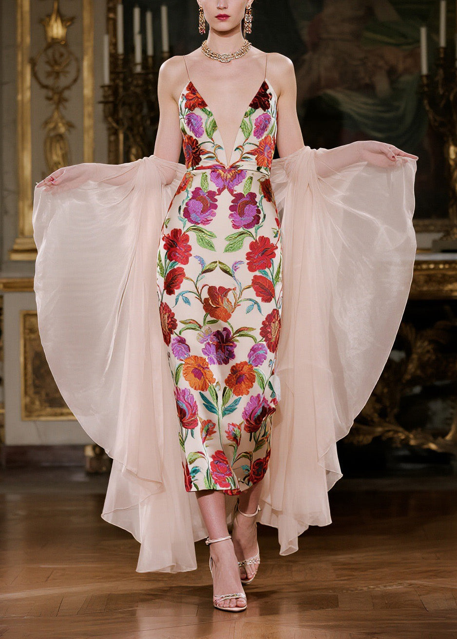 Floral Embroidery Spaghetti Strap Deep V-Neck Midi Dress Sheer Cape Two Piece Set