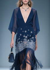 Fine V Neck Print Tassel Chiffon Maxi Dresses Summer 2
