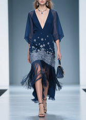 Fine V Neck Print Tassel Chiffon Maxi Dresses Summer 3
