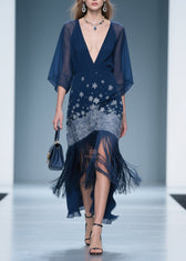 Fine V Neck Print Tassel Chiffon Maxi Dresses Summer 5