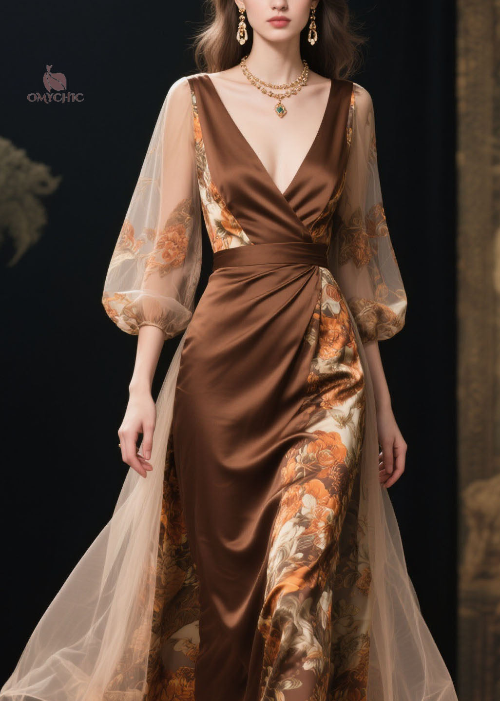 Floral Print Wrap Deep V-Neck Mesh Balloon Sleeve Layered Tulle Maxi Gown