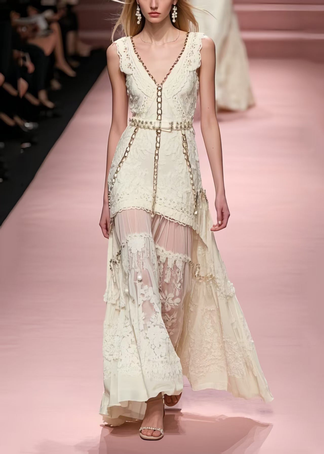 Lace V-Neck Chain Trim Belted Pearl Detail Layered Sheer Maxi Gown