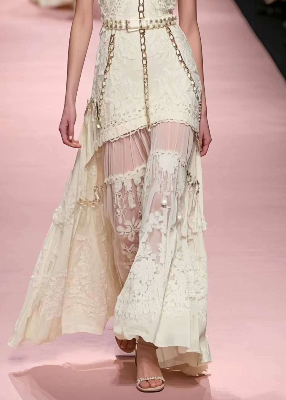 Lace V-Neck Chain Trim Belted Pearl Detail Layered Sheer Maxi Gown