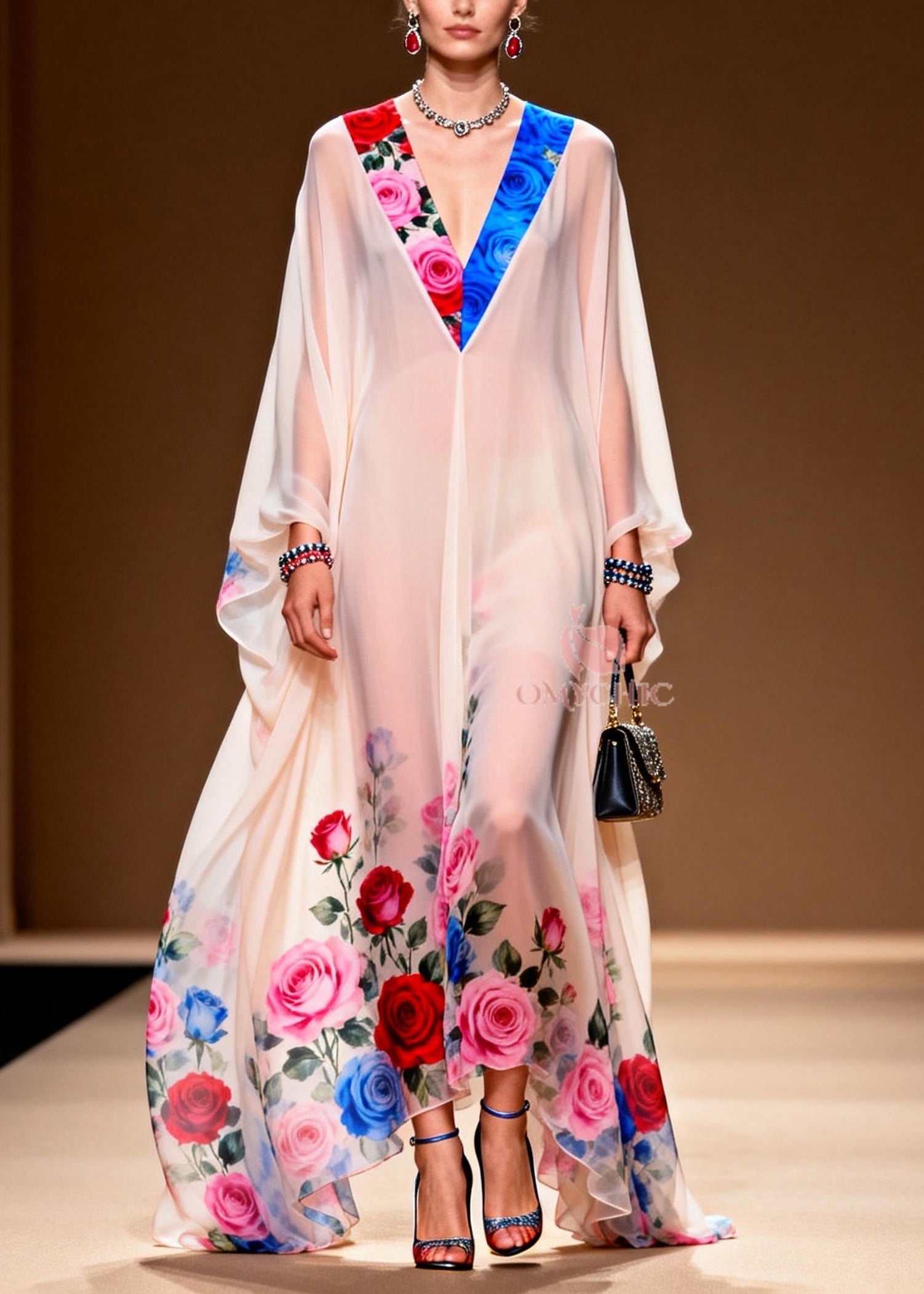 Floral Print Deep V-Neck Butterfly Sleeve Sheer Chiffon Kaftan Maxi Gown