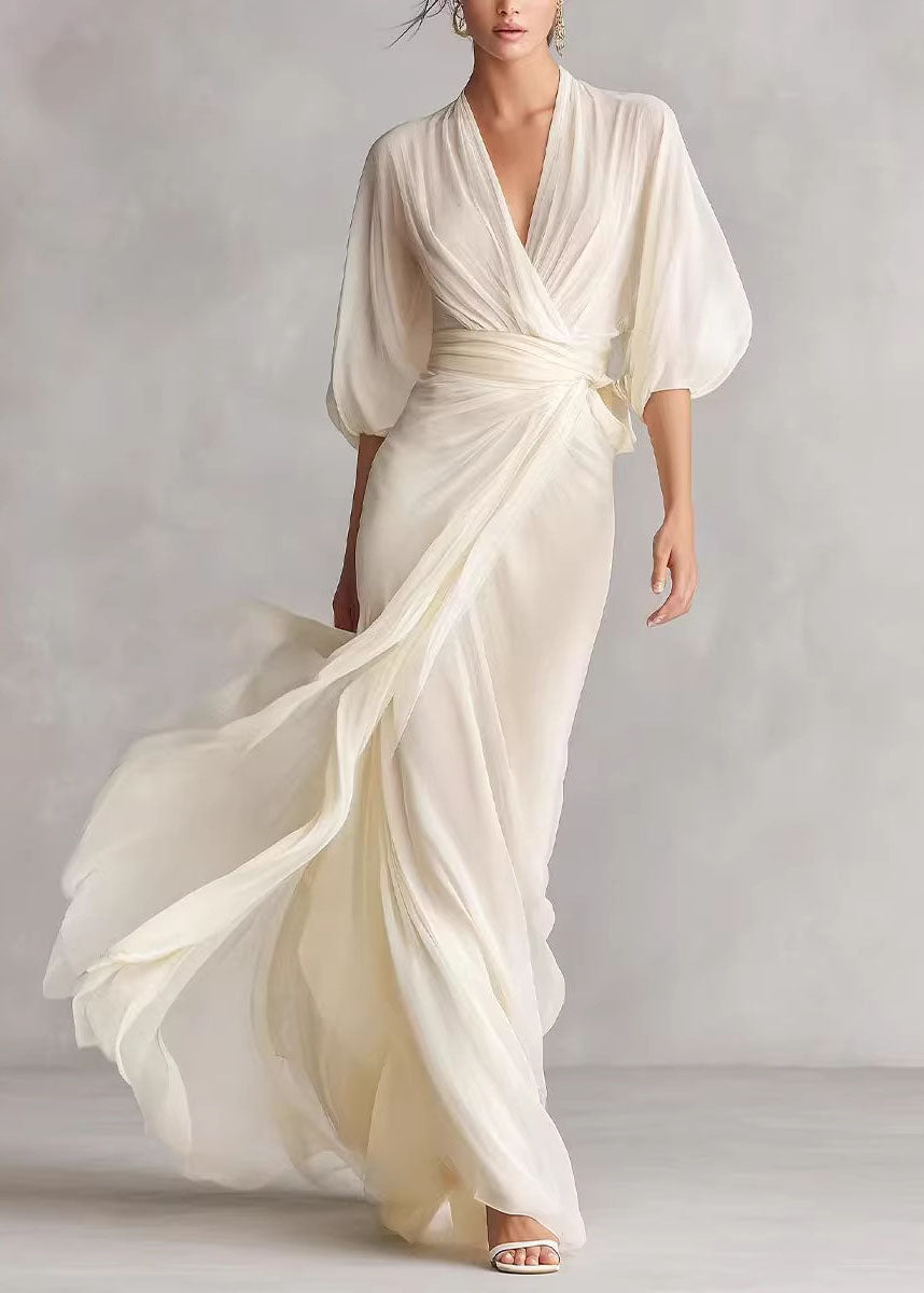 Fine White V Neck Chiffon Maxi Dresses Lantern Sleeve