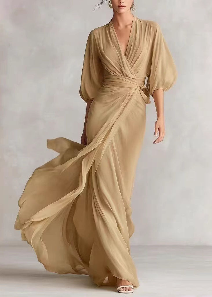 Fine White V Neck Chiffon Maxi Dresses Lantern Sleeve 2