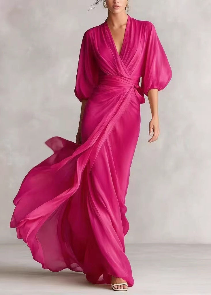 Fine White V Neck Chiffon Maxi Dresses Lantern Sleeve 3
