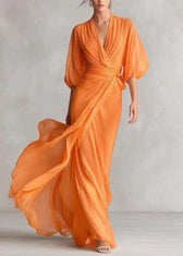 Fine White V Neck Chiffon Maxi Dresses Lantern Sleeve 4