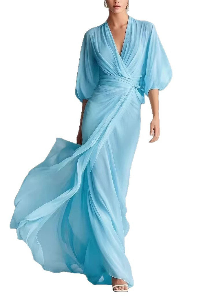 Fine White V Neck Chiffon Maxi Dresses Lantern Sleeve 5