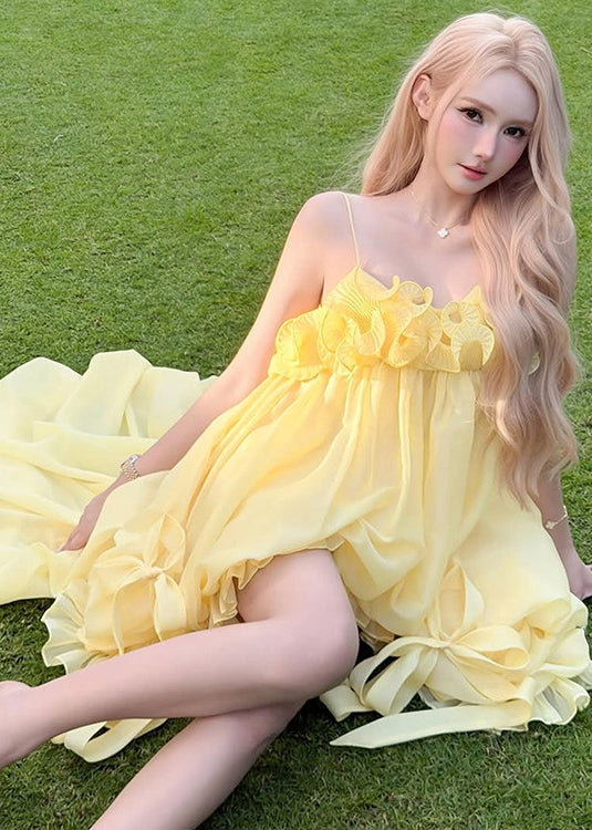 Fine Yellow Ruffled Low High Design Exra Large Hem Tulle Strapless Dress Summer 2