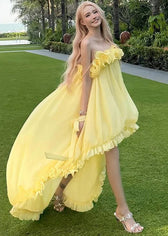 Fine Yellow Ruffled Low High Design Exra Large Hem Tulle Strapless Dress Summer 3