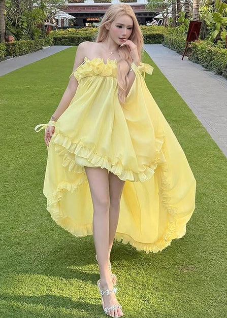 Fine Yellow Ruffled Low High Design Exra Large Hem Tulle Strapless Dress Summer 5