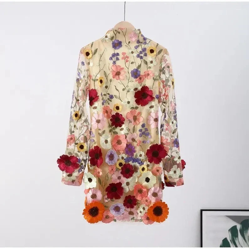 Mock Neck Long Sleeve Floral Embroidered Bodycon Mini Dress