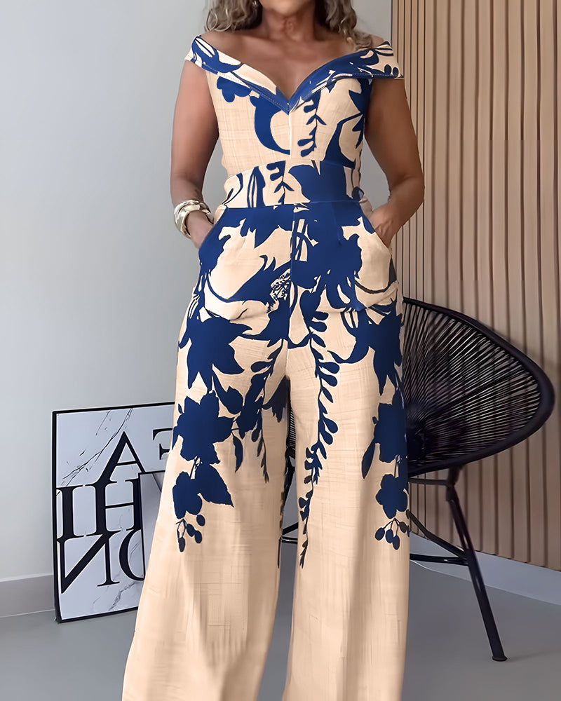 Elegant Floral Wide-Leg Jumpsuit with Pockets and Adjustable Straps