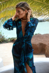 Deep V-Neck Ruffle Sleeve High Split Satin Maxi Dress