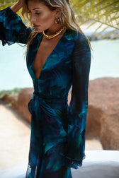 Deep V-Neck Ruffle Sleeve High Split Satin Maxi Dress 4