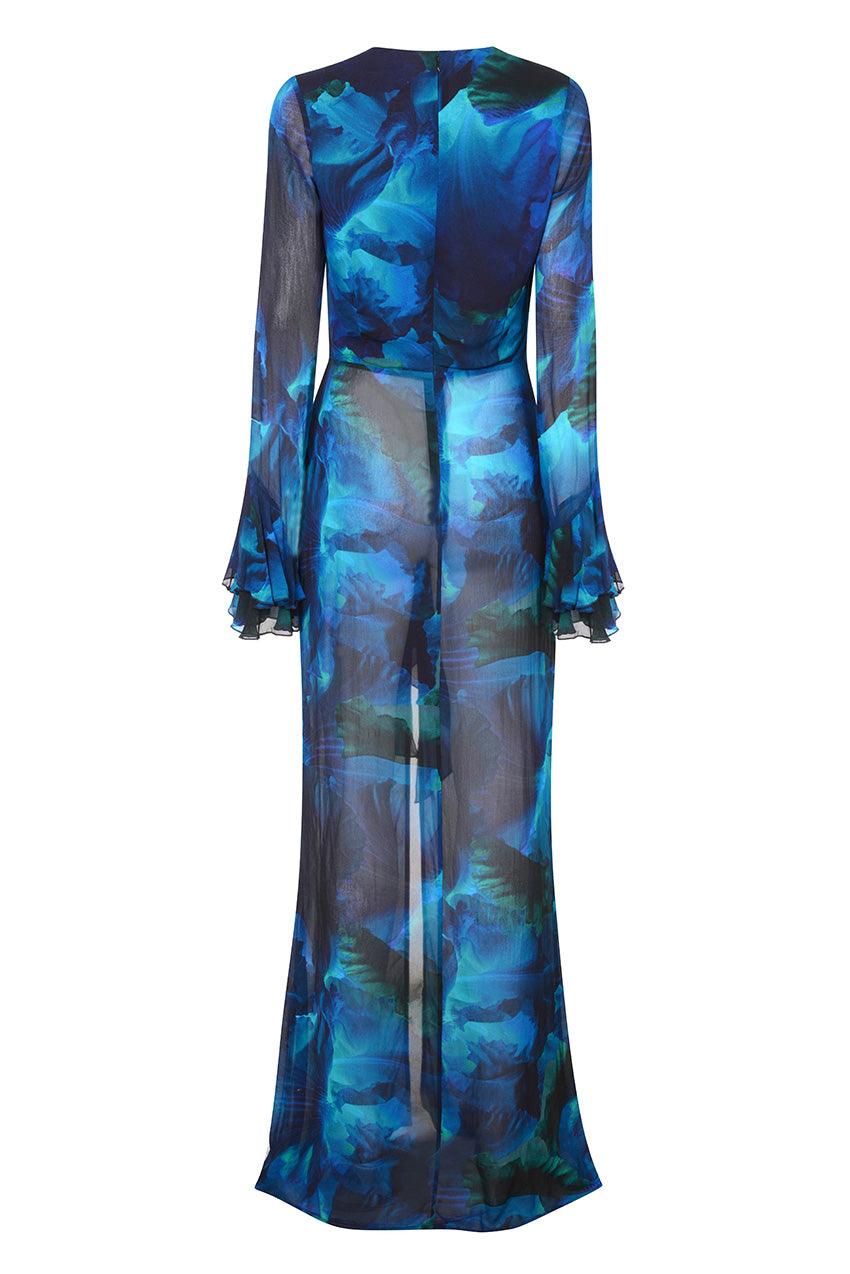 Deep V-Neck Ruffle Sleeve High Split Satin Maxi Dress 9