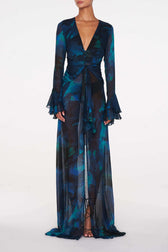 Deep V-Neck Ruffle Sleeve High Split Satin Maxi Dress 5