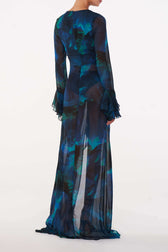 Deep V-Neck Ruffle Sleeve High Split Satin Maxi Dress 6