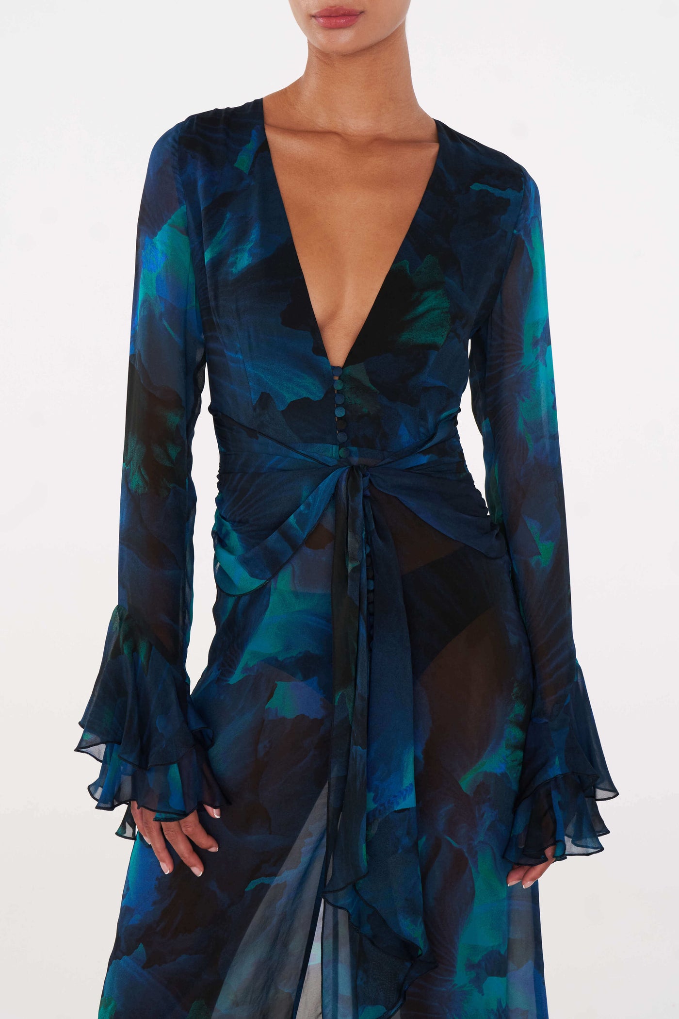 Deep V-Neck Ruffle Sleeve High Split Satin Maxi Dress 7