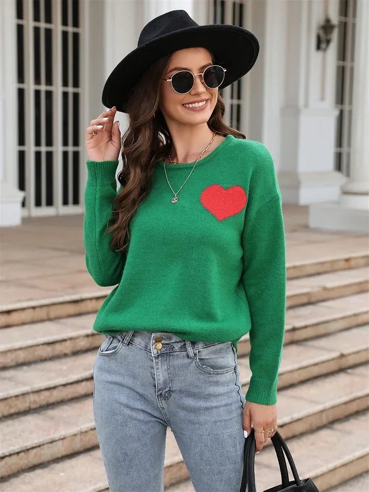 Fitshinling Heart Long Sleeve Cozy Green Sweater