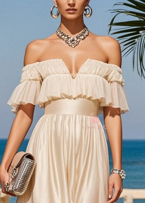 Off Shoulder Ruffle Flounce Waistband Pleated High Split Satin Midi Dress