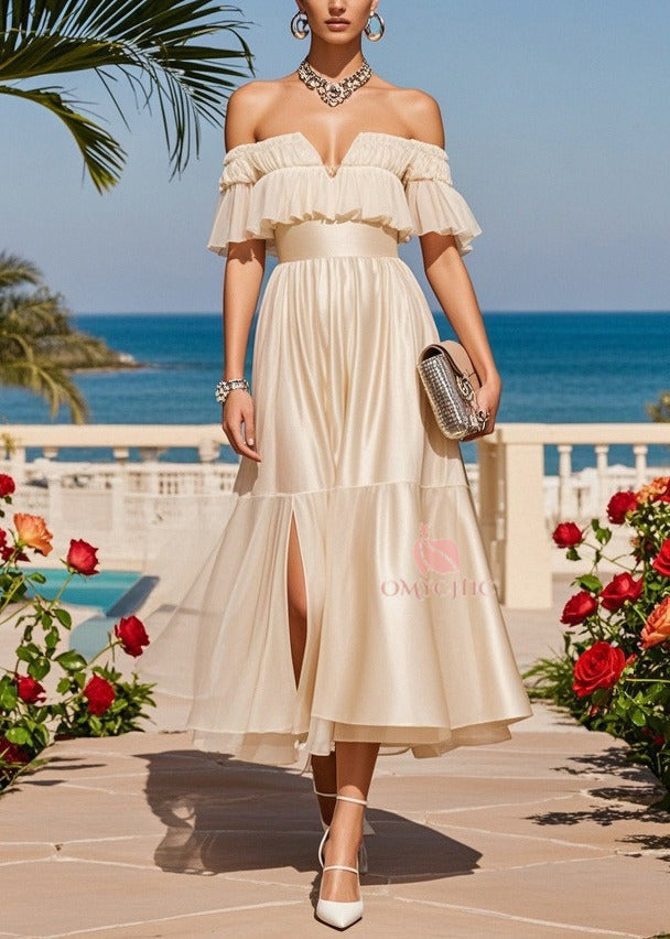 Off Shoulder Ruffle Flounce Waistband Pleated High Split Satin Midi Dress