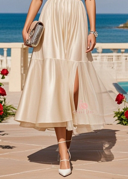 Off Shoulder Ruffle Flounce Waistband Pleated High Split Satin Midi Dress