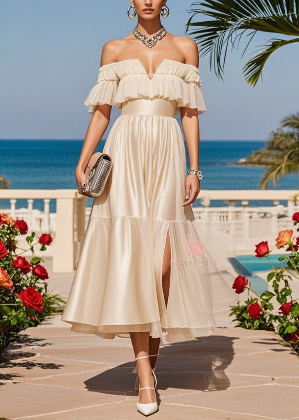 Off Shoulder Ruffle Flounce Waistband Pleated High Split Satin Midi Dress
