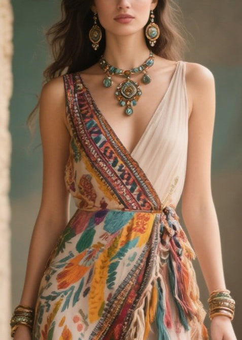Fringe Trim Patchwork Wrap Spaghetti Strap Deep V-Neck Maxi Dress