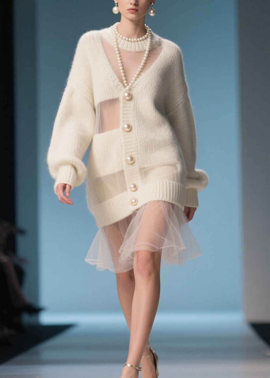 Colorblock Pearl Button Sheer Puff Sleeve Ribbed Knit Mini Dress