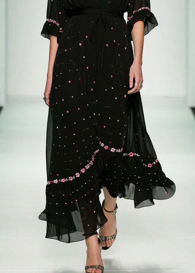 Floral Embroidery Deep V-Neck Flutter Sleeve Belted Tiered Ruffle Chiffon Maxi Gown