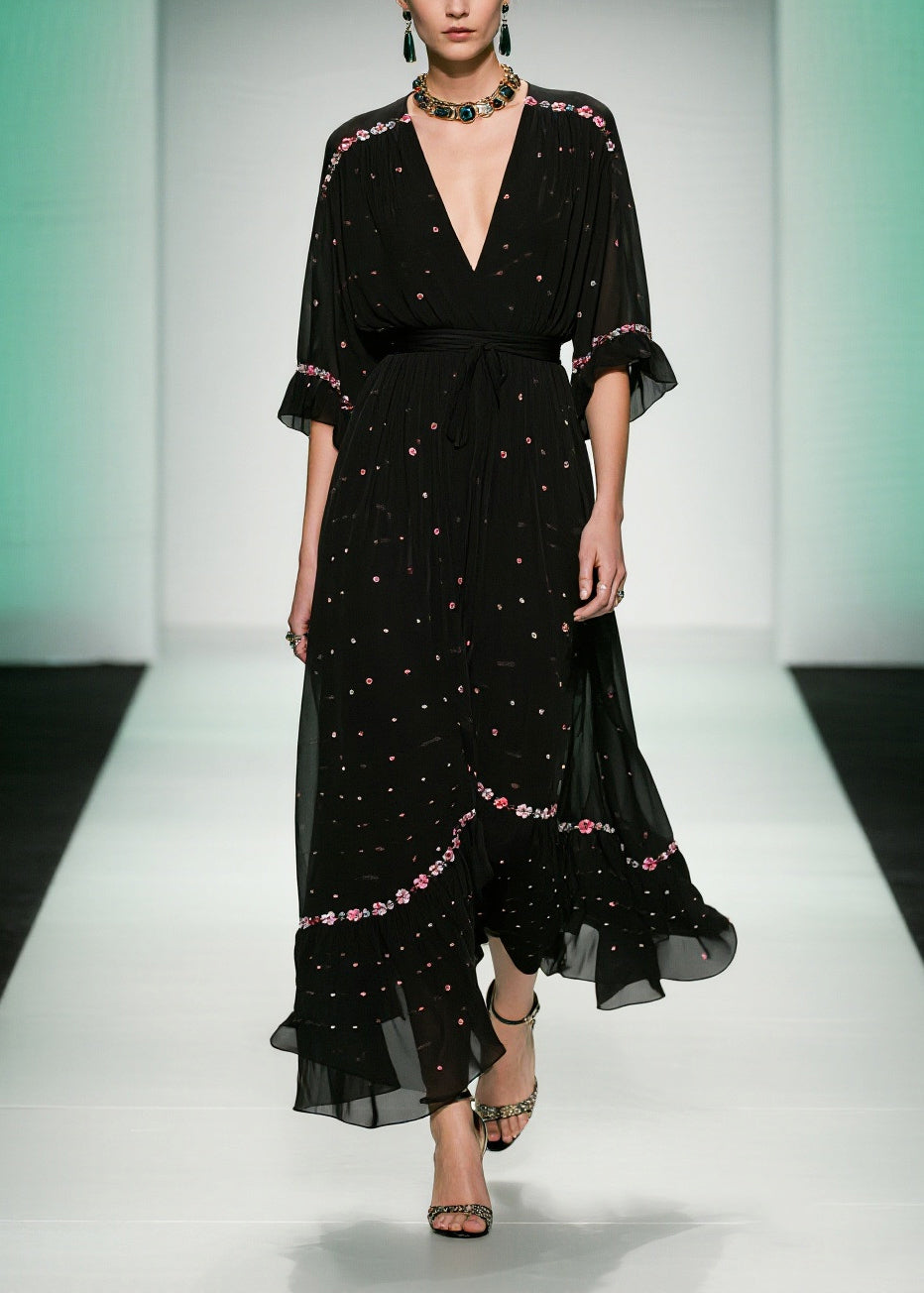 Floral Embroidery Deep V-Neck Flutter Sleeve Belted Tiered Ruffle Chiffon Maxi Gown