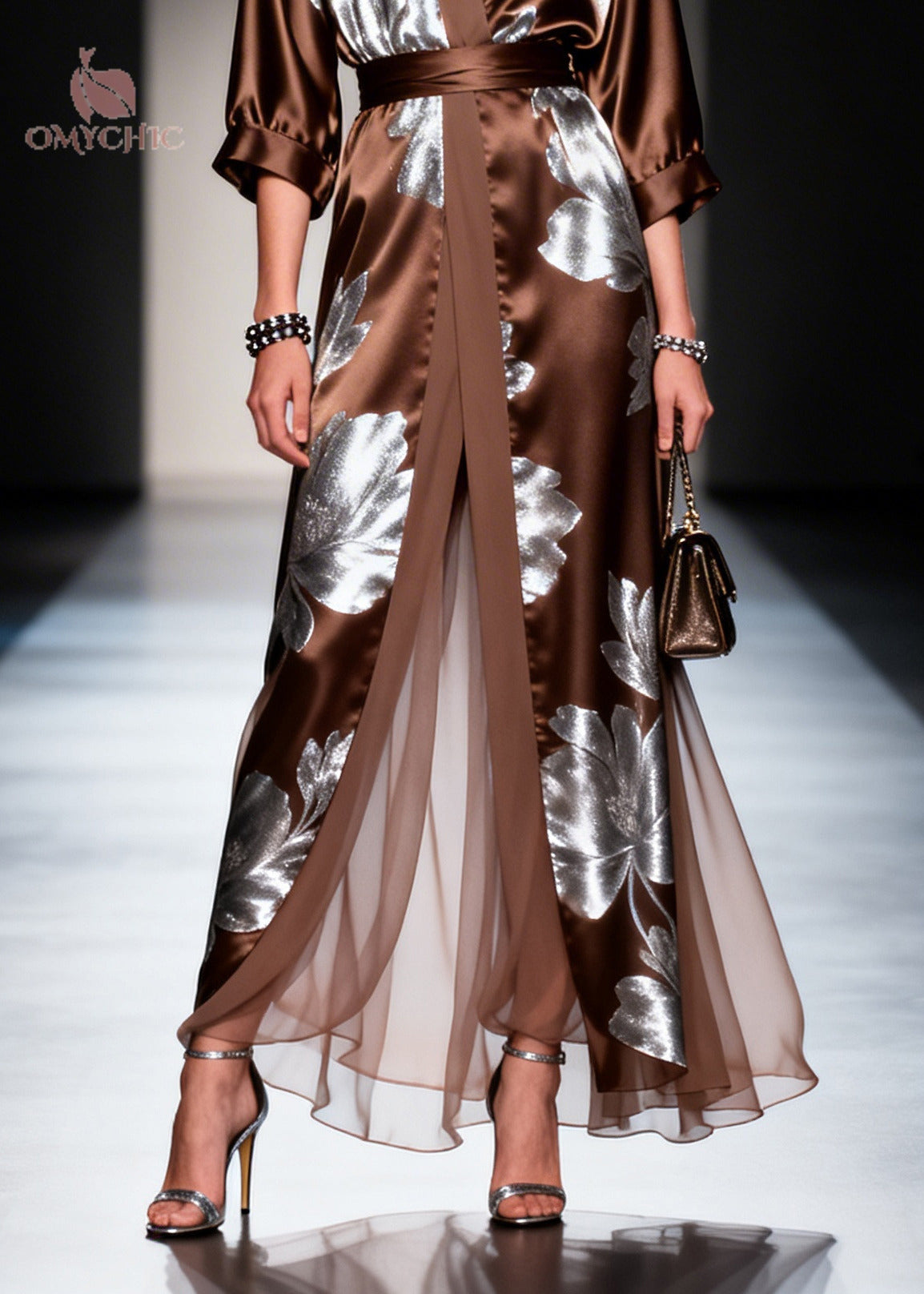 Metallic Floral Deep V-Neck Wrap Tie Waist Three Quarter Sleeve High Split Satin Maxi Gown