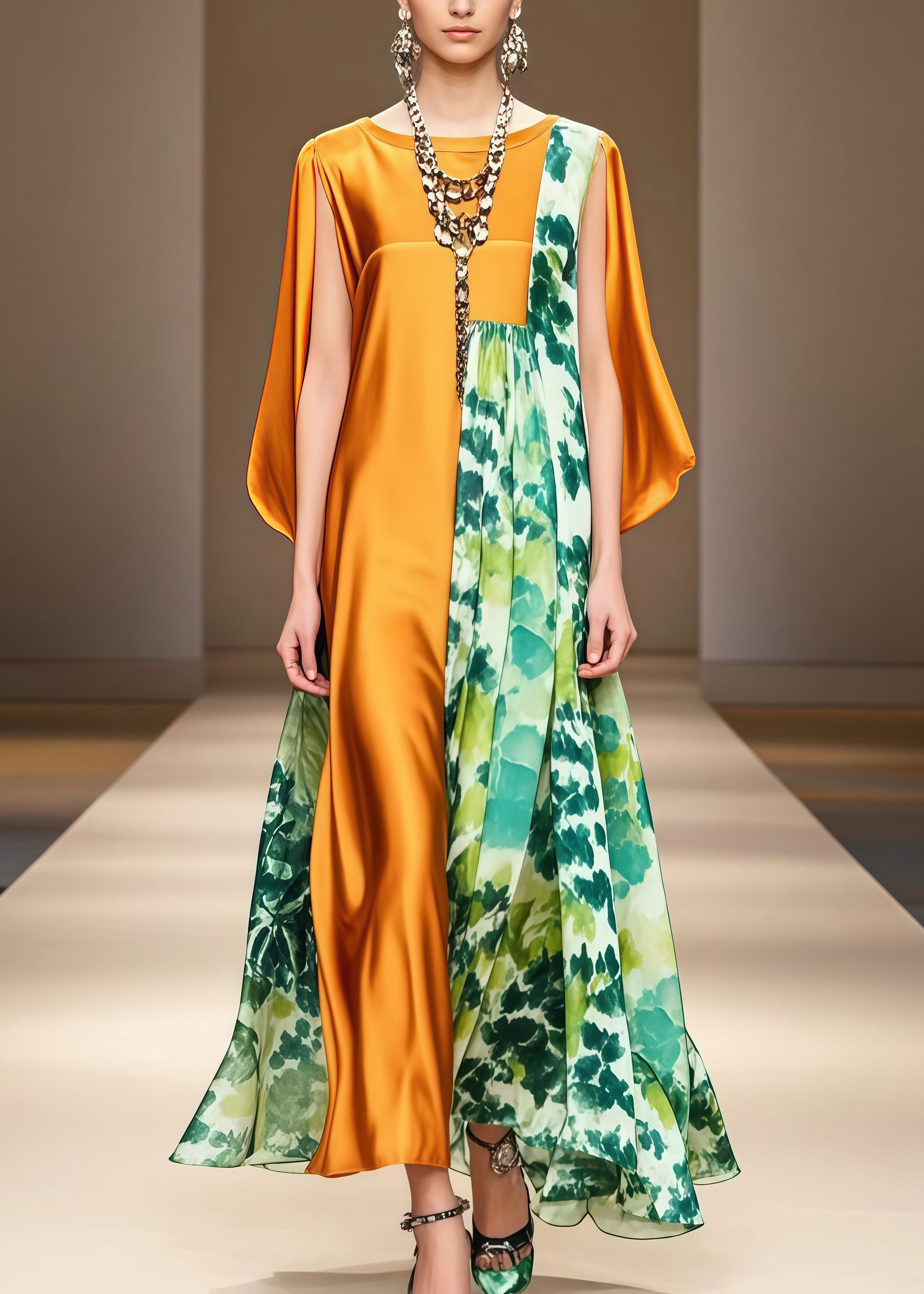 Floral Print High Neck Cape Sleeve Asymmetrical Panel Maxi Gown