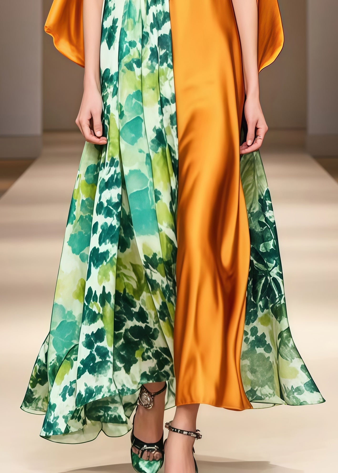 Floral Print High Neck Cape Sleeve Asymmetrical Panel Maxi Gown