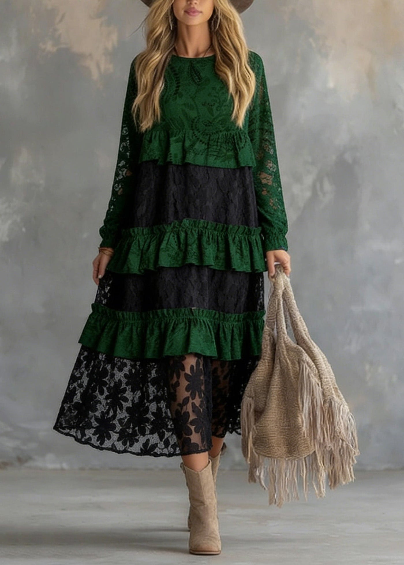 Fitted Green O Neck Ruffled Lace atchwork Cotton Dress Spring 3
