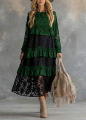 Fitted Green O Neck Ruffled Lace atchwork Cotton Dress Spring 3