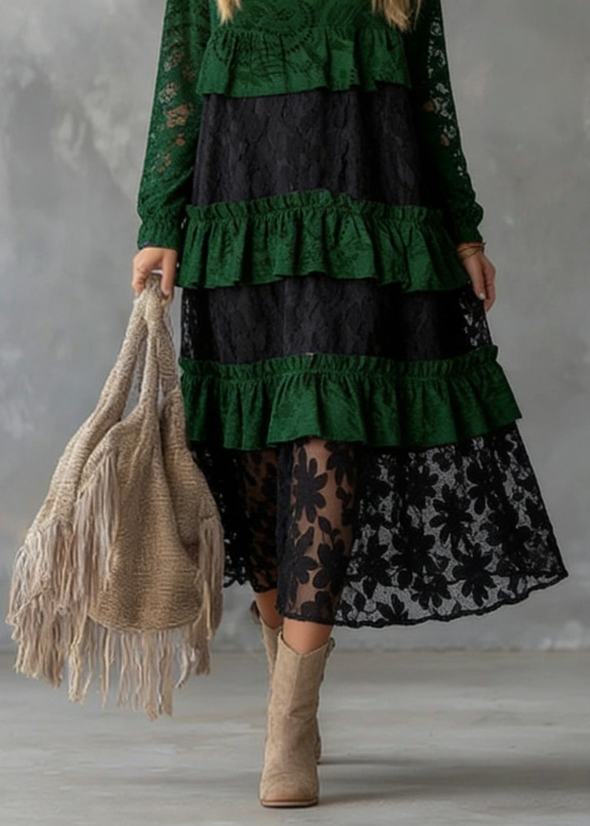 Fitted Green O Neck Ruffled Lace atchwork Cotton Dress Spring 4