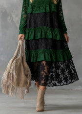 Fitted Green O Neck Ruffled Lace atchwork Cotton Dress Spring 4