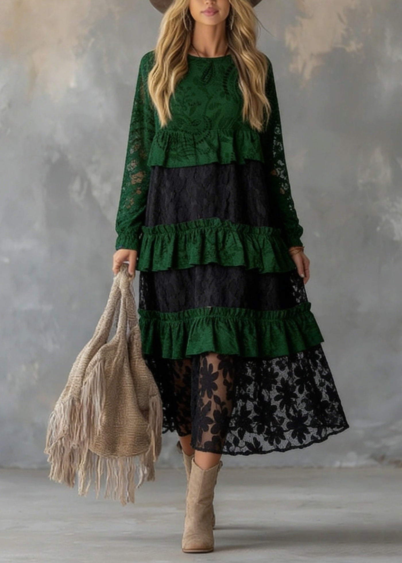 Fitted Green O Neck Ruffled Lace atchwork Cotton Dress Spring 5