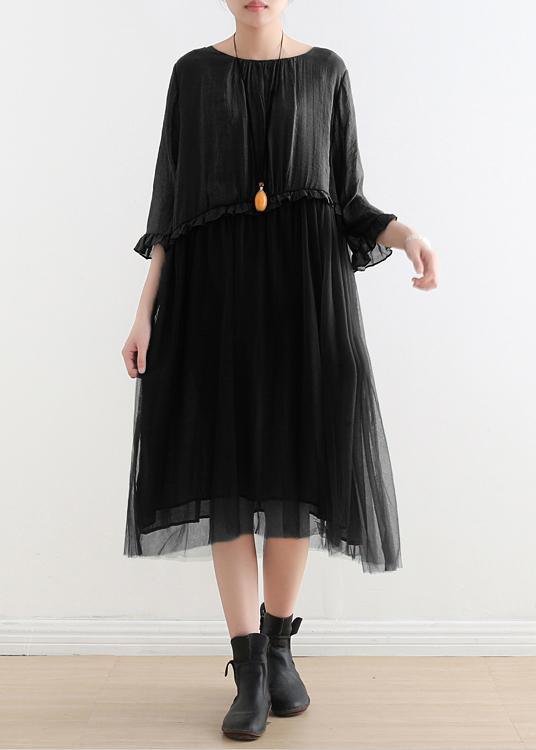 Tulle Layered Empire Waist Round Neck Long Sleeve Ruffle Trim Midi Dress