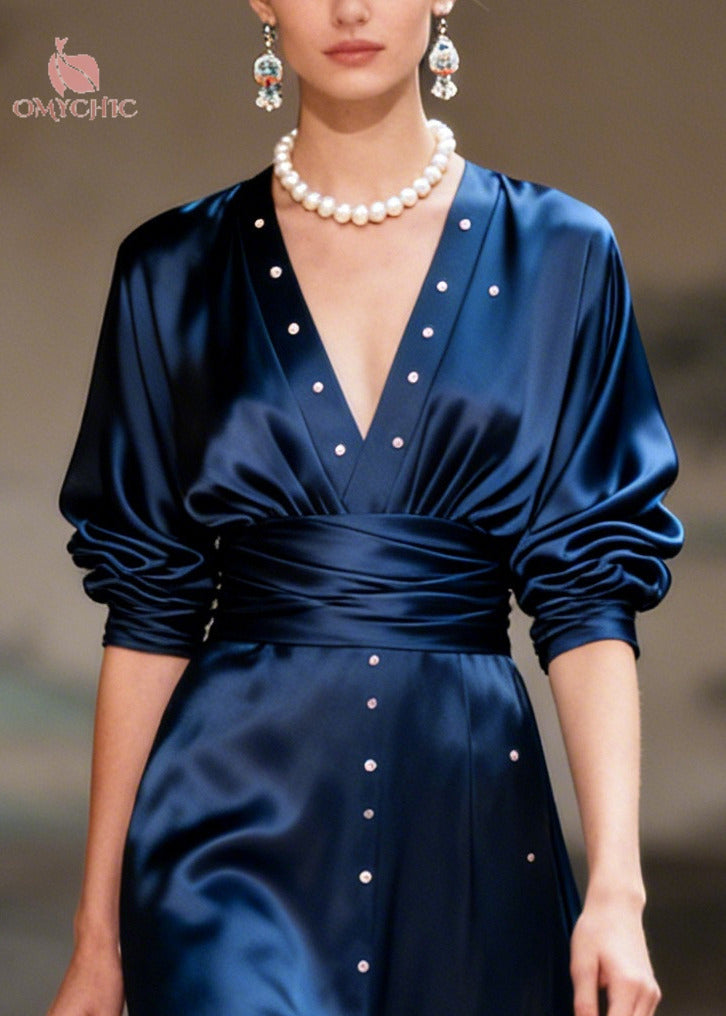 Satin Deep V-Neck Long Sleeve Ruched Waist Stud Front Pleated Maxi Gown