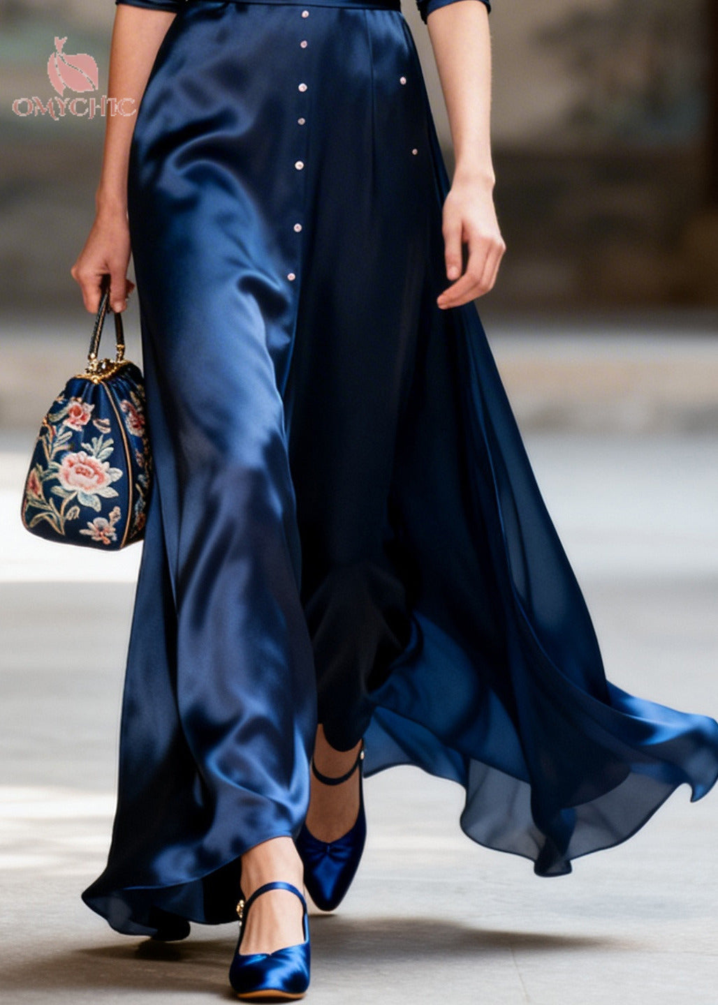 Satin Deep V-Neck Long Sleeve Ruched Waist Stud Front Pleated Maxi Gown