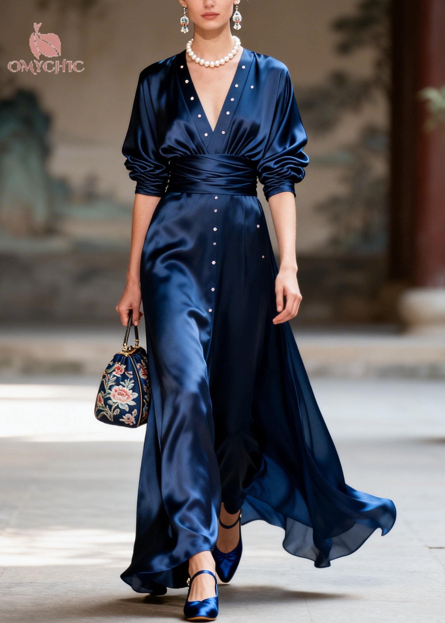 Satin Deep V-Neck Long Sleeve Ruched Waist Stud Front Pleated Maxi Gown