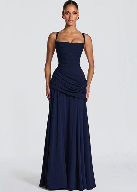 Fitted Navy Wrinkled Backless Long Spaghetti Strap Dress Summer