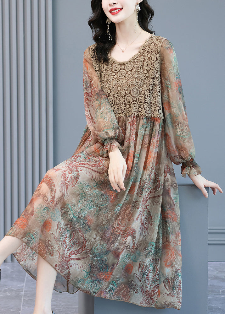 Paisley Print Crochet Lace Bodice Ruffle Cuff Long Sleeve Chiffon Midi Dress